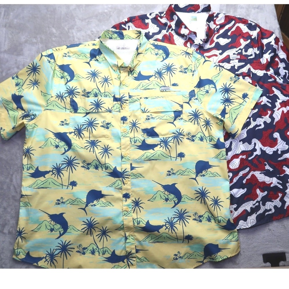 Lot of 2 Ocean Coast‎ Men's 2XLT Fishing Shirts Marlin Tropical Camo Big & Tall